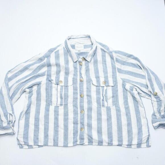 American Eagle Outfitters Cropped Shirt Women XL Blue Striped Collared Button-Up - Picture 1 of 7